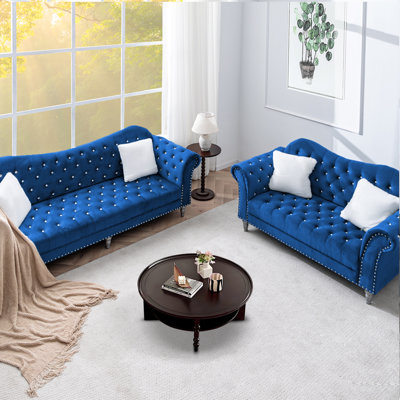 Retro Chesterfield Sofa Set For Living Room - Polyester Fabric Upholstery With Solid Wood Frame