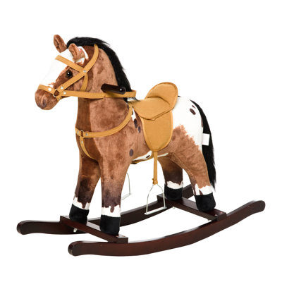 Qaba Kids Metal Plush Ride-On Rocking Horse Chair Toy With Realistic Sounds - Dark Brown/White by Ceballos
