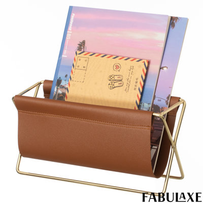 Fabulaxe Contemporary & Classic Gold-tone Metal Magazine Holder Spacious Brown Faux Leather Compartments For Organizing Magazines Newspapers & Files I by Fabulaxe
