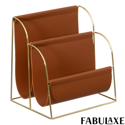 Fabulaxe Contemporary Gold-tone Metal Magazine Holder With Two Spacious Brown Faux Leather Compartments For Organizing Magazines Newspapers & Files Id by Fabulaxe
