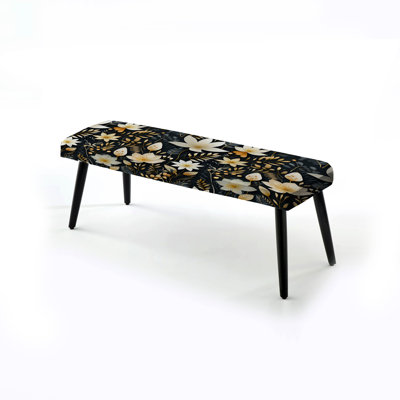 Beige And Black Ferns Plants Pattern - Floral Upholstered Black Bench by Design Art