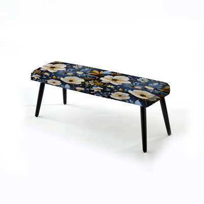 Blue And White Plants Tranquility - Floral Upholstered Black Bench by Design Art