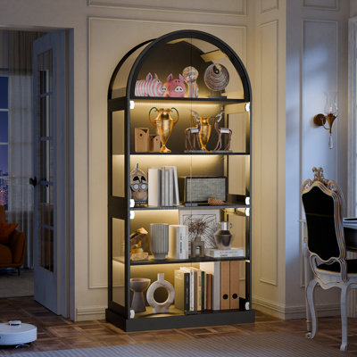 Arched Glass Display Cabinet With Motion Sensor Lighting, Modern Lighted Display Cabinet