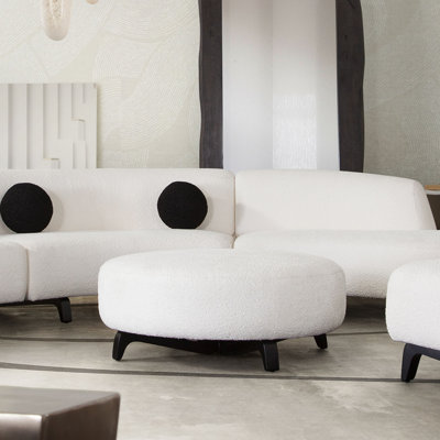 Vesper Round Ottoman In Faux White Shearling W/ Black Wood Leg Base By Diamond Sofa