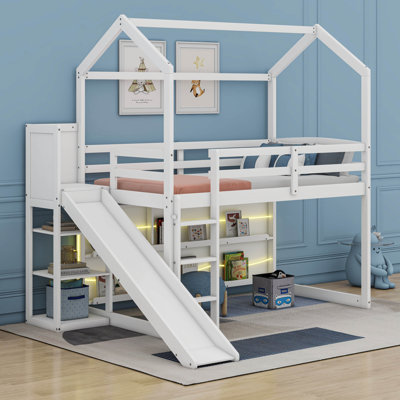 Twin Size Wood House Loft bed with Slide, Storage shelves and Light by Cosmic