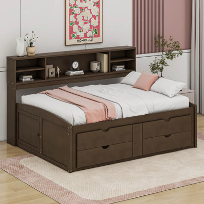 Full Size Wood Daybed with 2 Bedside Cabinets, Upper Shelves and 4 Drawers by Cosmic
