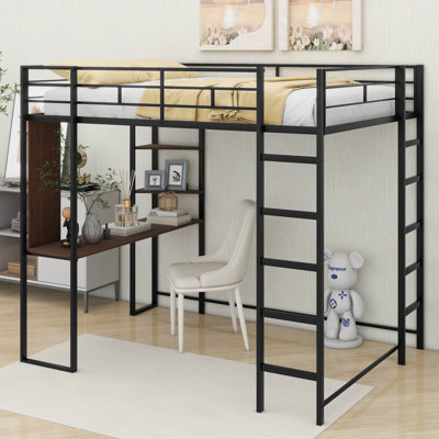Metal Loft Bed With 2 Shelves And One Desk by Cosmic