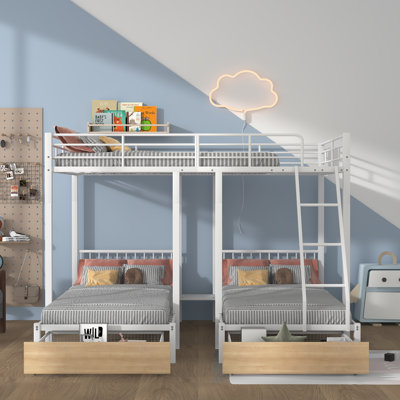 Full Over Twin & Twin Bunk Bed, Metal Triple Bunk Bed With Drawers And Guardrails by Cosmic