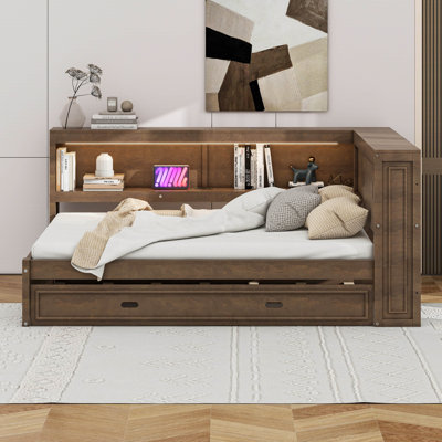 Full Size Wood Daybed With Storage Shelves, USB, LED, And Trundle by Cosmic