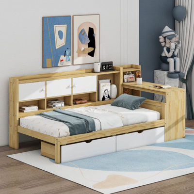Twin Wooden L-Shape Daybed With Drawers, Desk And Bookshelf by Cosmic