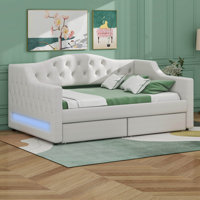 Upholstered Twin XL Size Daybed with LED Belt and 2 Drawers
