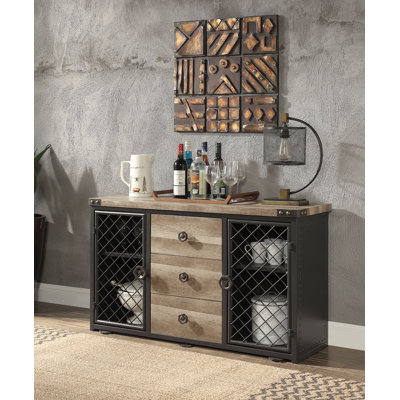Ethyn Industrial 3-Drawer Server with Metal Frame in Oak and Sandy Black by Williston Forge