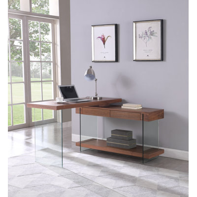 Annalis Wooden Top L-shaped Desk w/ Glass Panel Base by Wade Logan