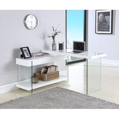 Lenihan Modern Rotatable Glass & Wooden Desk w/ Drawers & Shelf by Wade Logan