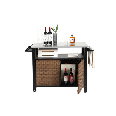 Brown Outdoor Kitchen Cart With Stainless Steel Table Top And Wheels For Patio Bar Storage Island Side Handle Garden by DuskDreams