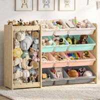2-In-1 Toy Storage Shelf & Stuffed Animal Storage - Solid Wood Kids Bookcase with Open Bin, Modern Playroom, Nursery Furniture