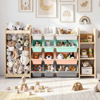 Stuffed Animal Storage & Toy Organizer – Solid Wood Kids Shelf with 9 Pull-Out Bins, Display Shelf & Quick Assembly – Space-Saving Playroom Furniture