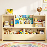 Montessori 4-in-1 Solid Wood Toddler Bookcase with 2 Rolling Storage Bins & Toy Organizer for Nursery, Playroom, Bedroom