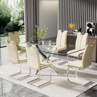 Modern 71in Glass Dining Table Set with Luxury Faux Leather Dining Chairs by Everly Quinn