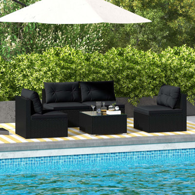 5 Piece Outdoor Furniture Set With Seat & Back Cushions Tempered Glass Tabletop by Costway
