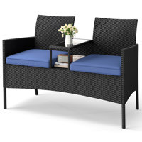 Patio Loveseat With Built-in Table Soft Cushions & Tempered Glass Tabletop
