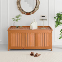 58 Gallon Wood Deck Box with Flip Top Teak Oil Finish Pool Supplies Cushions by Costway