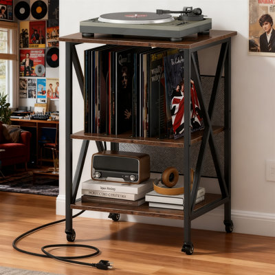 Record Player Stand With Charging Station, Holds 250 Albums, Dark Brown by doitbest
