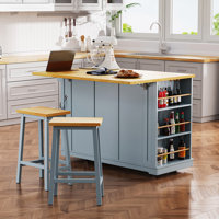 Large Kitchen Island with 2 Bar Stools, Power Outlet by Laurel Foundry Modern Farmhouse