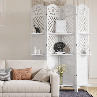 Room Divider with Shelves, 5.75ft Tall Folding Wood Carved Screen with Double Hinges for Home Office Bedroom Hotel Decoration by Delight Glass