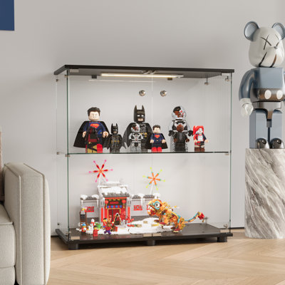 Glass Display Cabinet, Curio Cabinet, Bookcase With 3 Led Lights, 2 Shelf Double Door, Black
