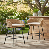 Outdoor Upholstered Bar Stools Set Of 2 With Removable Cushions Woven Counter Stools, Bar Height Patio Chairs For Garden Pool Lawn Backyard by Bay Isle Home
