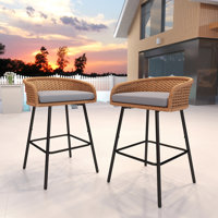 Outdoor Upholstered Bar Stools Set Of 2 With Removable Cushions Woven Counter Stools, Bar Height Patio Chairs For Garden Pool Lawn Backyard by Bay Isle Home