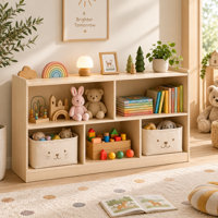 2-tier kids bookshelf and toy storage organizer with 5 compartments, wooden cabinet for playroom nursery by Rebrilliant