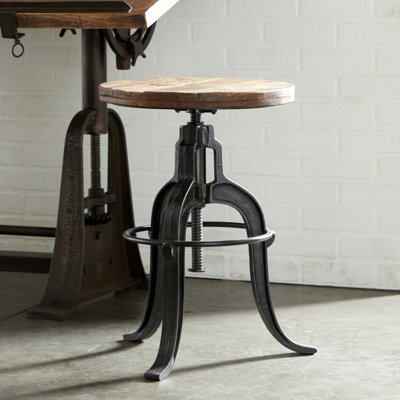 Keirnan Metal Vintage Industrial Inspired Living Room Stool with Brown Adjustable Wood Seat by Williston Forge