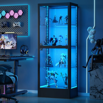 63" Freestanding 4-Sided Glass Display Cabinet With Magnetic LED Light Strip by Rebrilliant
