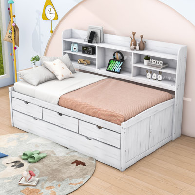 Twin Wood Captain Bed with Trundle, 3 Drawers and Built-in Shelves by HaddaKella