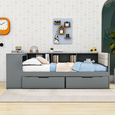 Daybed with Upholstered Headboard, Built-in Desk, Drawers, Shelves and Charging Station by HaddaKella