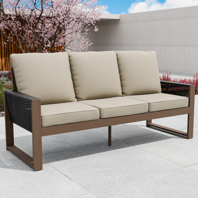 Patio Cedar Wood Frame Brown Wicker Outdoor 3-Seat Sofa with Cushion 1 Piece