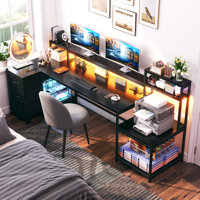 71"w Led L-shaped Computer Desk,gaming Desk With Power Outlet,home Office Desk With Monitor Stand by Wrought Studio