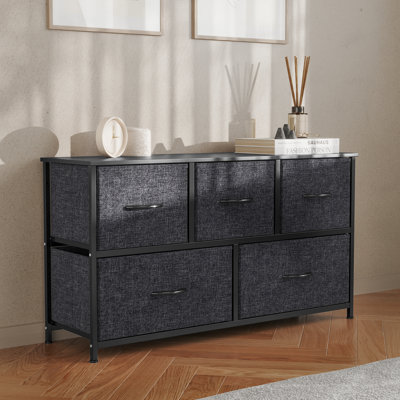 Draven 5 Drawer Storage Dresser with Cast Iron Frame, Wood Top and Fabric Drawers by Ebern Designs