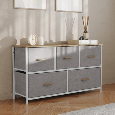 Draven 5 Drawer Storage Dresser with Cast Iron Frame, Wood Top and Fabric Drawers by Ebern Designs