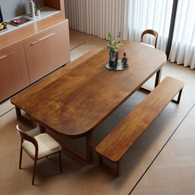 Brown Modern rectangular solid wood dining table and chair set, rural kitchen dining chair with bench set by FineFurniture