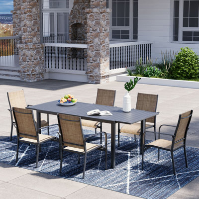 7 Piece Patio Expandable Table Dining Set, Outdoor Dining Table And Chairs Set For 4 To 8, 6 Textilene Chairs, 1 Iron Expandable Dining Table, Patio F by EROMMY