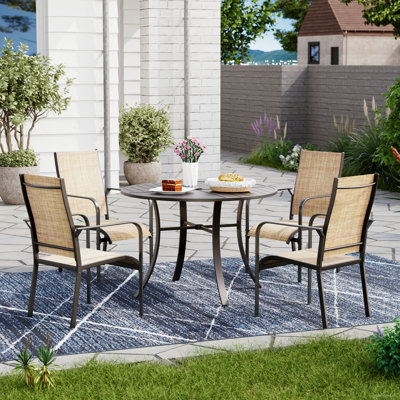 5 Piece Patio Dining Set, Outdoor Dining Table And Chairs Set For 4, 4 Textilene Chairs, 1 Iron Round Table With Adjustable Umbrella Hole, Patio Furni by EROMMY