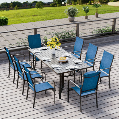 9 Piece Patio Dining Set, Outdoor Dining Table And Chairs Set For 8, 8 Textilene Chairs, 1 Iron Rectangular Table With Adjustable Umbrella Hole, Patio by EROMMY