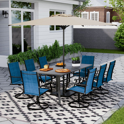 9 Piece Patio Dining Set, Outdoor Dining Table And Chairs Set For 8, 8 Swivel Chairs, 1 Iron Rectangular Table With Adjustable Umbrella Hole, Patio Fu by EROMMY
