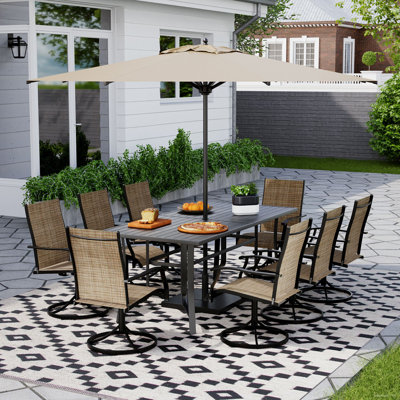 9 Piece Patio Dining Set, Outdoor Dining Table And Chairs Set For 8, 8 Swivel Chairs, 1 Iron Rectangular Table With Adjustable Umbrella Hole, Patio Fu by EROMMY