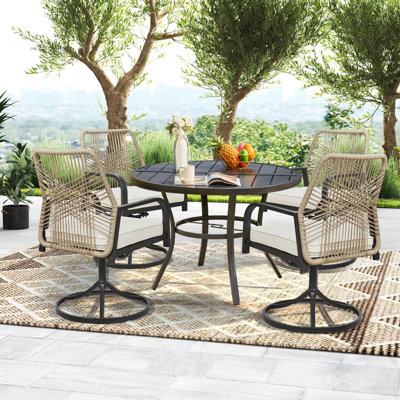 5 Pieces Outdoor Patio Dining Set, 4 Woven Rattan Swivel Chairs With Cushions & Metal Round Table With 1.96” Umbrella Hole, All-weather Patio Table Se