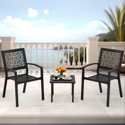 Outdoor Bistro Set 3 Piece Set - Comfortable Metal Patio Chairs And Small Table, Floral Back Design, Waterproof, Uv Resistant For Porch, Balcony, Gard