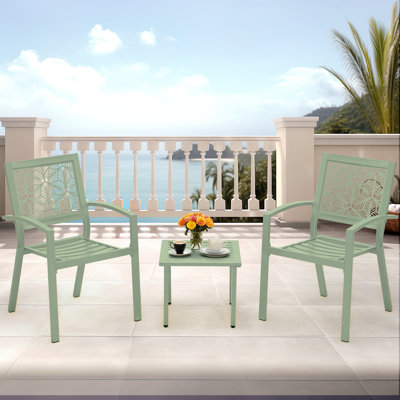 Outdoor Bistro Set 3 Piece Set - Comfortable Metal Patio Chairs And Small Table, Floral Back Design, Waterproof, Uv Resistant For Porch, Balcony, Gard by EROMMY